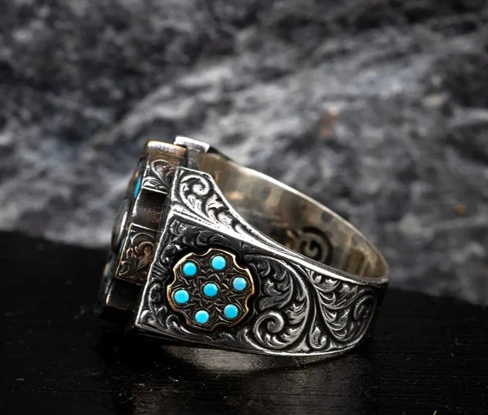 RARE PRINCE by CARAT SUTRA | Unique Designed Turkish Style Ring with 6 Stone Turquoise Ring | 925 Sterling Silver Oxidized Ring | Men's Jewelry | With Certificate of Authenticity and 925 Hallmark - Image 3