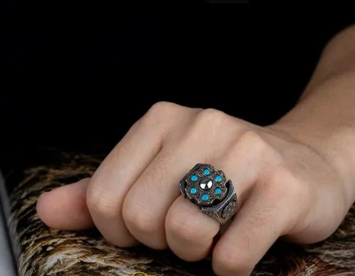 RARE PRINCE by CARAT SUTRA | Unique Designed Turkish Style Ring with 6 Stone Turquoise Ring | 925 Sterling Silver Oxidized Ring | Men's Jewelry | With Certificate of Authenticity and 925 Hallmark - Image 4