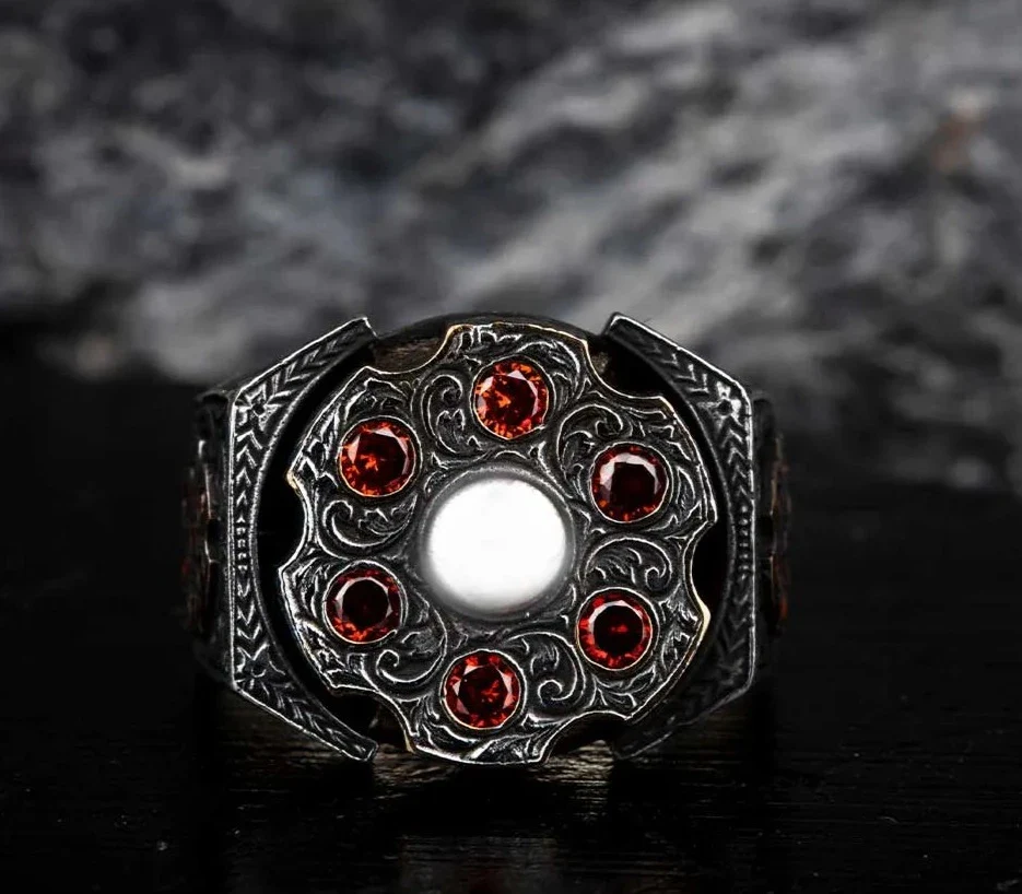 RARE PRINCE by CARAT SUTRA | Unique Designed Turkish Style Ring with 6 Stone Ruby Ring | 925 Sterling Silver Oxidized Ring | Men's Jewelry | With Certificate of Authenticity and 925 Hallmark - Image 2