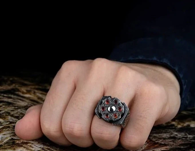 RARE PRINCE by CARAT SUTRA | Unique Designed Turkish Style Ring with 6 Stone Ruby Ring | 925 Sterling Silver Oxidized Ring | Men's Jewelry | With Certificate of Authenticity and 925 Hallmark - Image 3