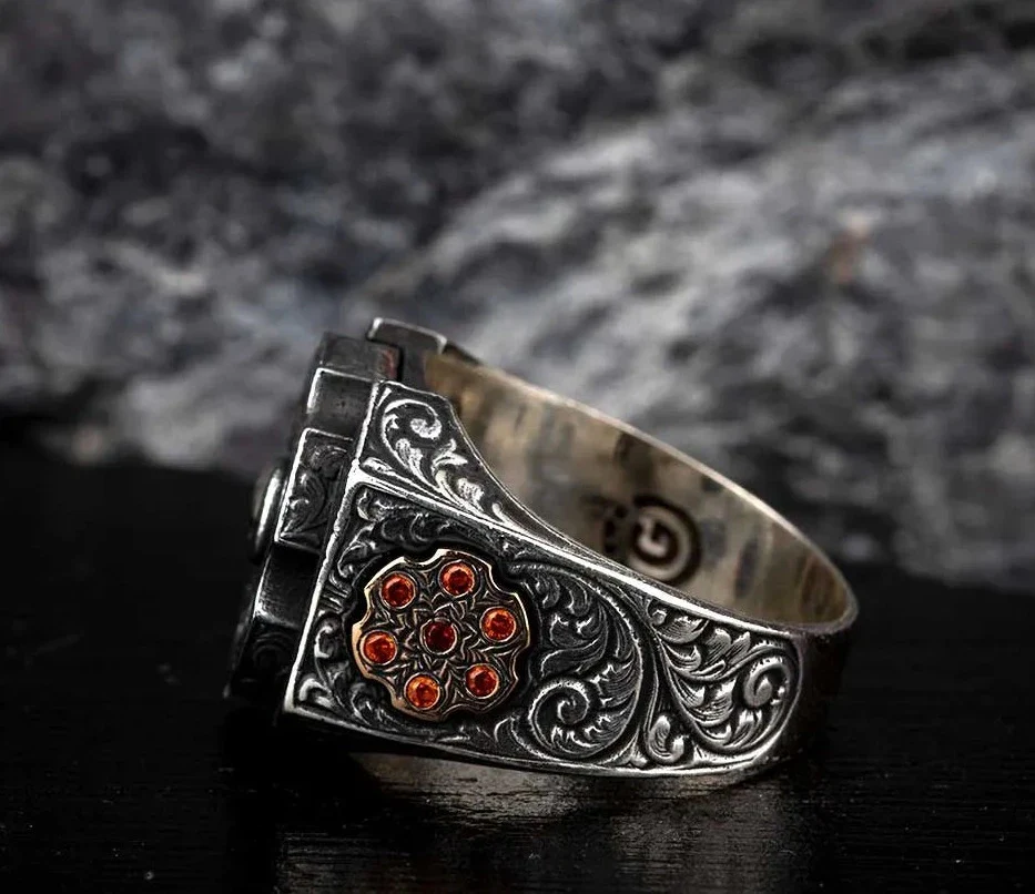 RARE PRINCE by CARAT SUTRA | Unique Designed Turkish Style Ring with 6 Stone Ruby Ring | 925 Sterling Silver Oxidized Ring | Men's Jewelry | With Certificate of Authenticity and 925 Hallmark - Image 4