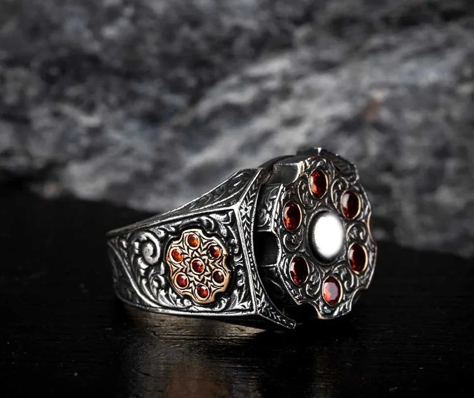 RARE PRINCE by CARAT SUTRA | Unique Designed Turkish Style Ring with 6 Stone Ruby Ring | 925 Sterling Silver Oxidized Ring | Men's Jewelry | With Certificate of Authenticity and 925 Hallmark - Image 5