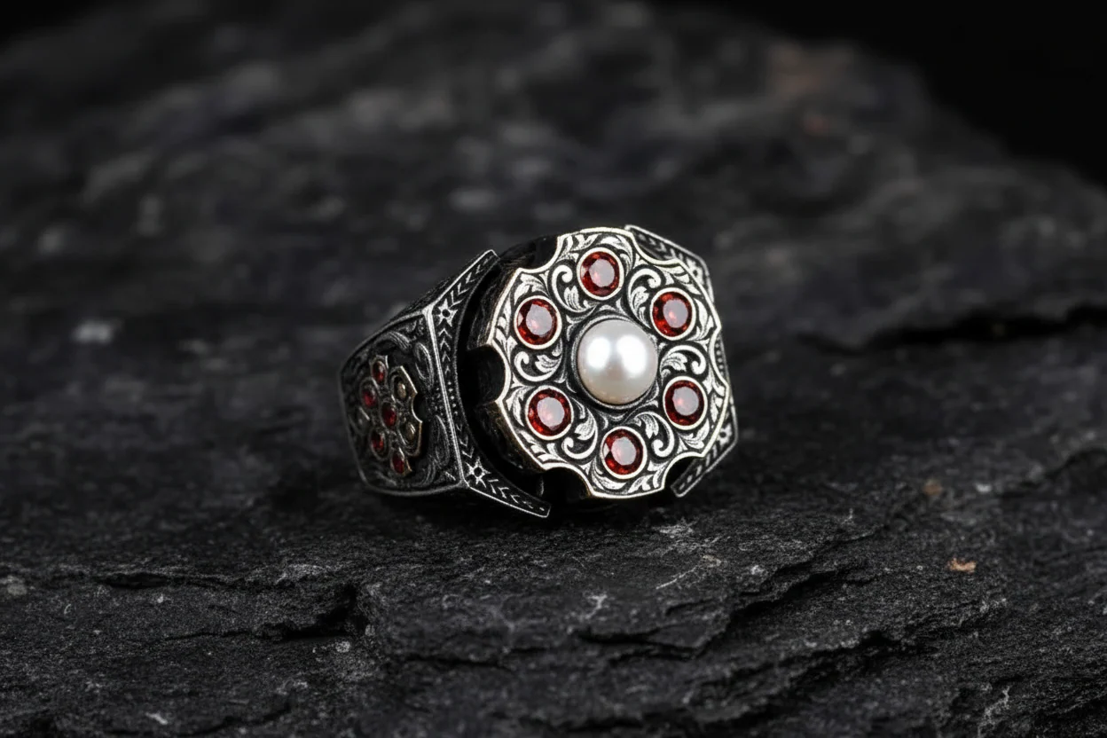 RARE PRINCE by CARAT SUTRA | Unique Designed Turkish Style Ring with 6 Stone Ruby Ring | 925 Sterling Silver Oxidized Ring | Men's Jewelry | With Certificate of Authenticity and 925 Hallmark - Image 6