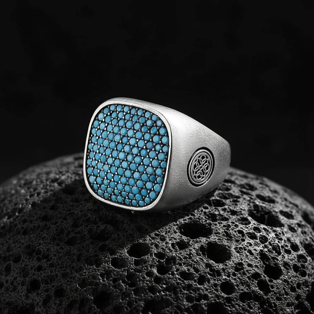 RARE PRINCE by CARAT SUTRA | Unique Designed Turkish Style Ring with Multiple Natural Turquoise Stone Ring | 925 Sterling Silver Oxidized Ring | Men's Jewelry | With Certificate of Authenticity and 925 Hallmark