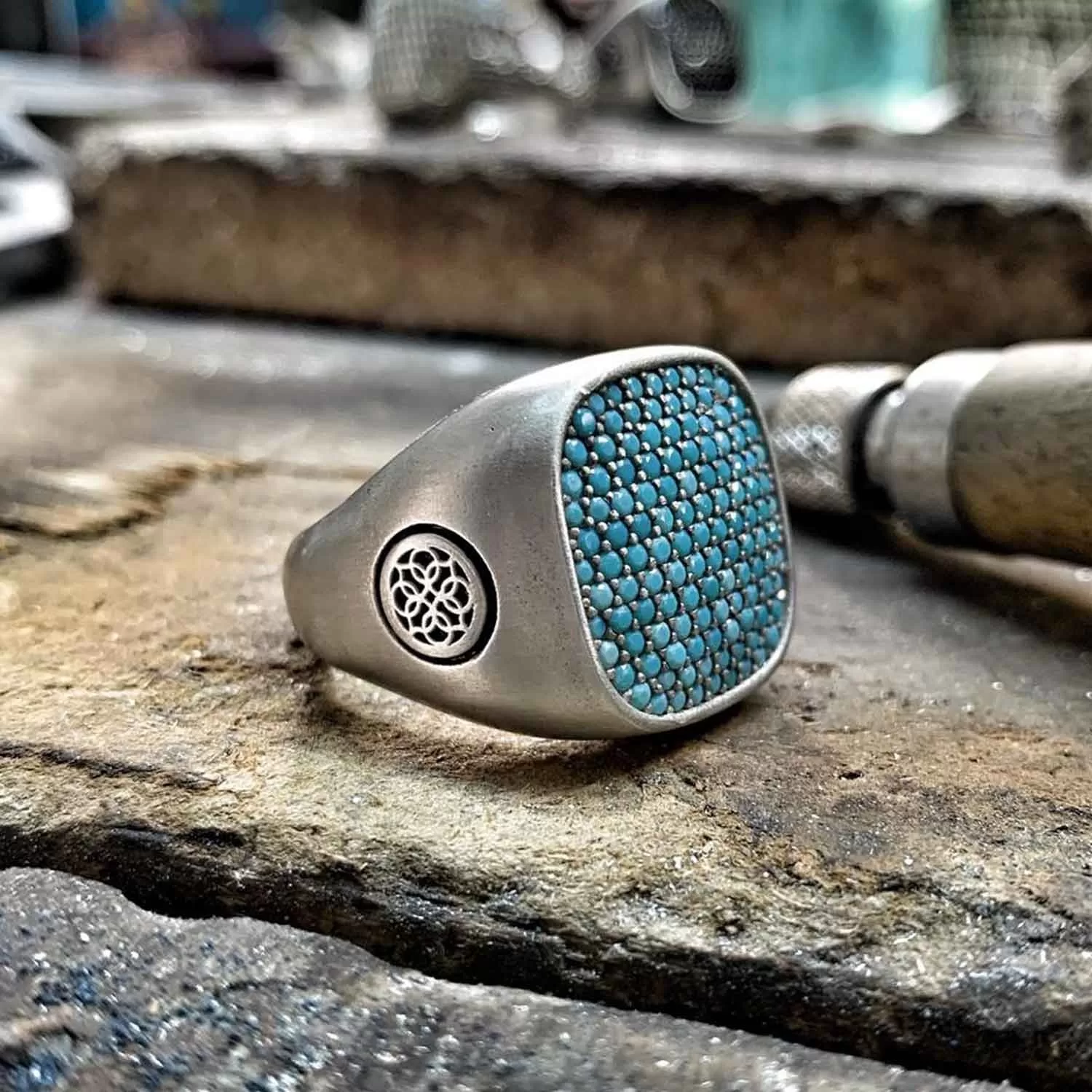 RARE PRINCE by CARAT SUTRA | Unique Designed Turkish Style Ring with Multiple Natural Turquoise Stone Ring | 925 Sterling Silver Oxidized Ring | Men's Jewelry | With Certificate of Authenticity and 925 Hallmark - Image 5