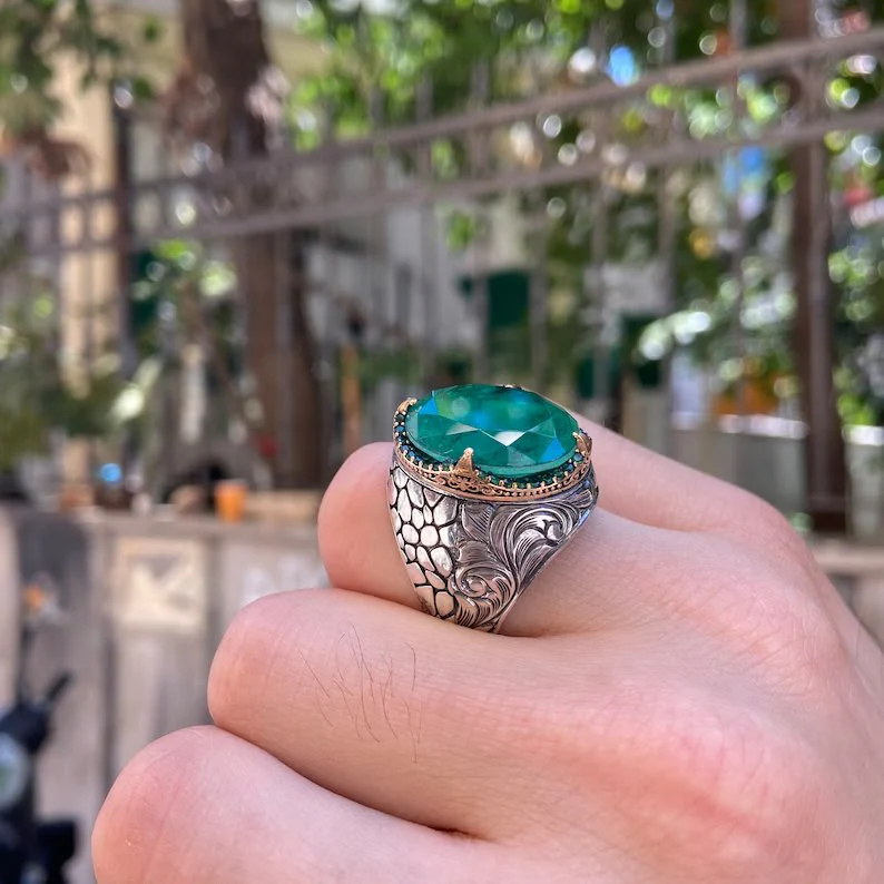 Unique Designed Turkish Style Ring with Natural Zambian Emerald | 925 Sterling Silver Oxidized Ring | With Certificate of Authenticity and 925 Hallmark