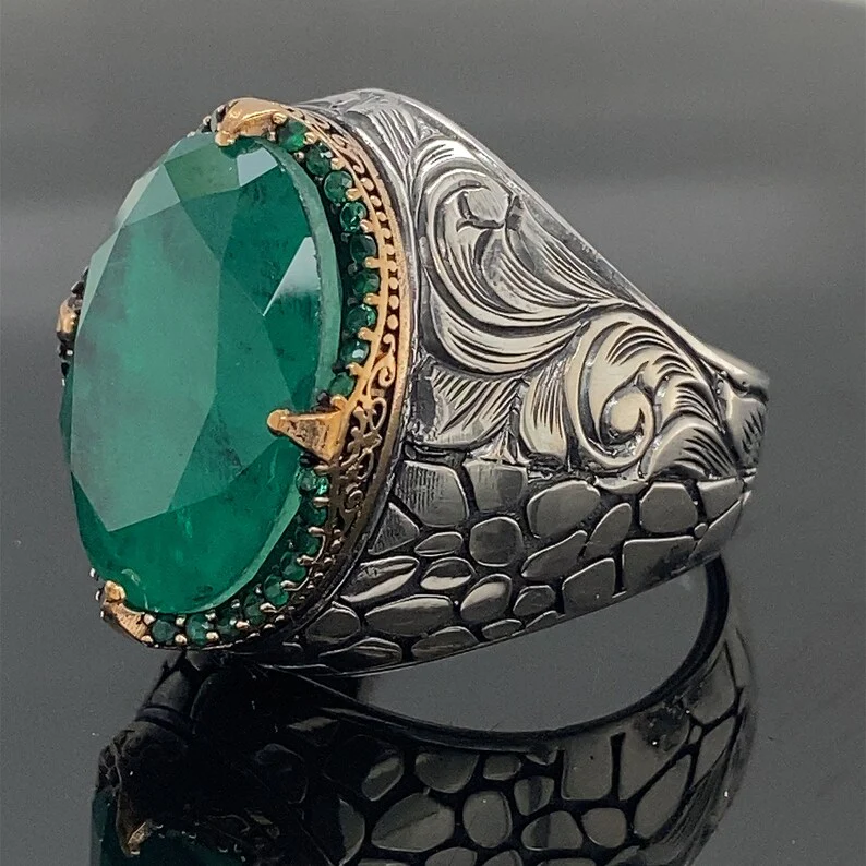 Unique Designed Turkish Style Ring with Natural Zambian Emerald | 925 Sterling Silver Oxidized Ring | With Certificate of Authenticity and 925 Hallmark - Image 2