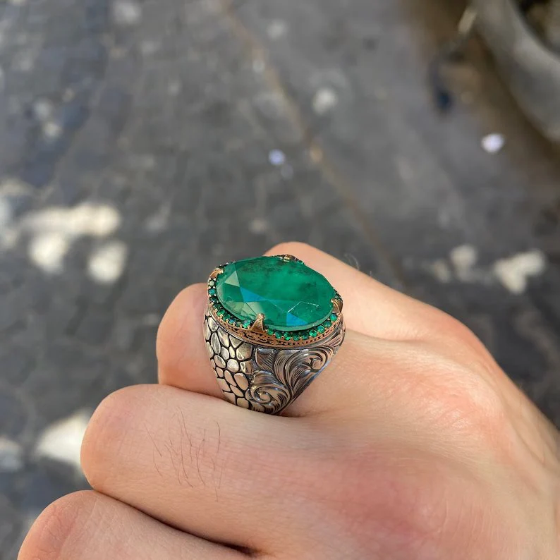Unique Designed Turkish Style Ring with Natural Zambian Emerald | 925 Sterling Silver Oxidized Ring | With Certificate of Authenticity and 925 Hallmark - Image 4