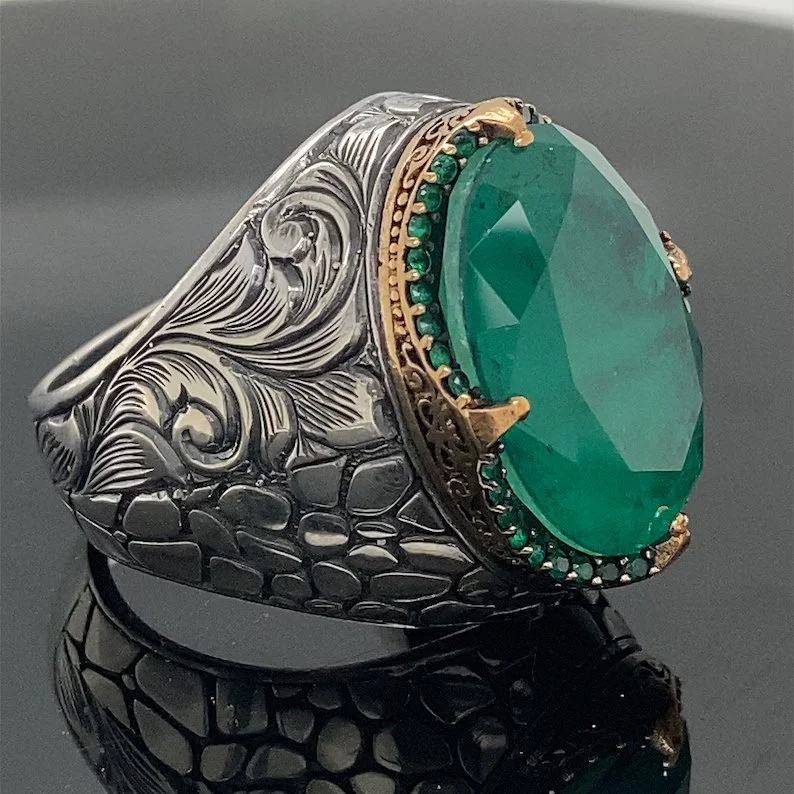 Unique Designed Turkish Style Ring with Natural Zambian Emerald | 925 Sterling Silver Oxidized Ring | With Certificate of Authenticity and 925 Hallmark - Image 5