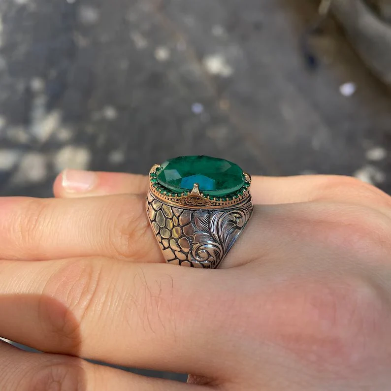 Unique Designed Turkish Style Ring with Natural Zambian Emerald | 925 Sterling Silver Oxidized Ring | With Certificate of Authenticity and 925 Hallmark - Image 6