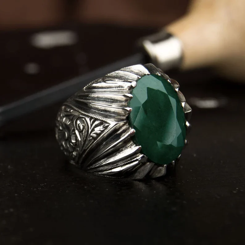 RARE PRINCE by CARAT SUTRA | Unique Designed Turkish Style Ring with Emerald | 925 Sterling Silver Oxidized Ring | Men's Jewelry | With Certificate of Authenticity and 925 Hallmark - Image 3