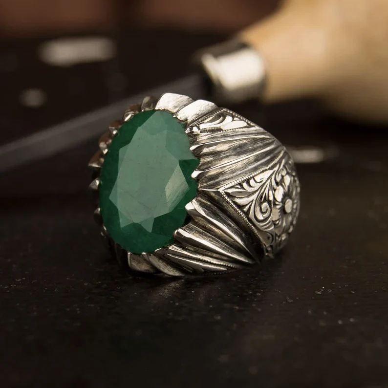 RARE PRINCE by CARAT SUTRA | Unique Designed Turkish Style Ring with Emerald | 925 Sterling Silver Oxidized Ring | Men's Jewelry | With Certificate of Authenticity and 925 Hallmark - Image 4