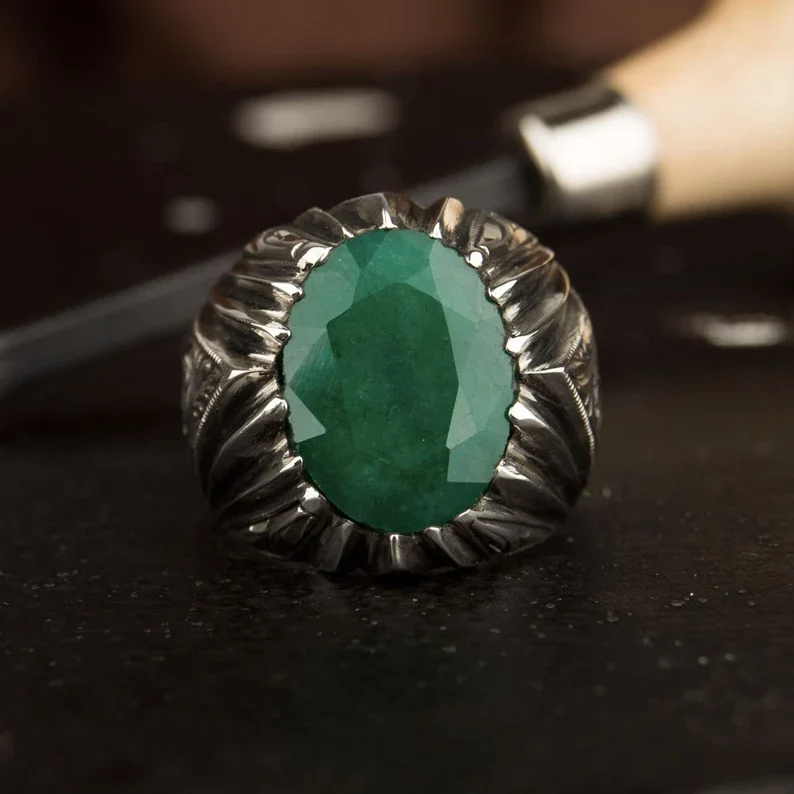 RARE PRINCE by CARAT SUTRA | Unique Designed Turkish Style Ring with Emerald | 925 Sterling Silver Oxidized Ring | Men's Jewelry | With Certificate of Authenticity and 925 Hallmark - Image 5
