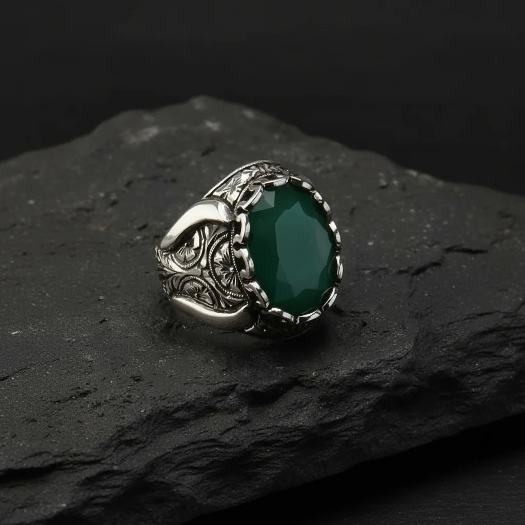 RARE PRINCE by CARAT SUTRA | Unique Designed Turkish Style Ring with Emerald | 925 Sterling Silver Oxidized Ring | Men's Jewelry | With Certificate of Authenticity and 925 Hallmark