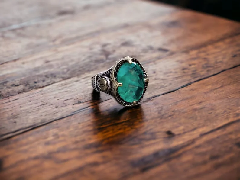 Unique Designed Turkish Style Ring with Emerald | 925 Sterling Silver Oxidized Ring |With Certificate of Authenticity and 925 Hallmark - Image 3