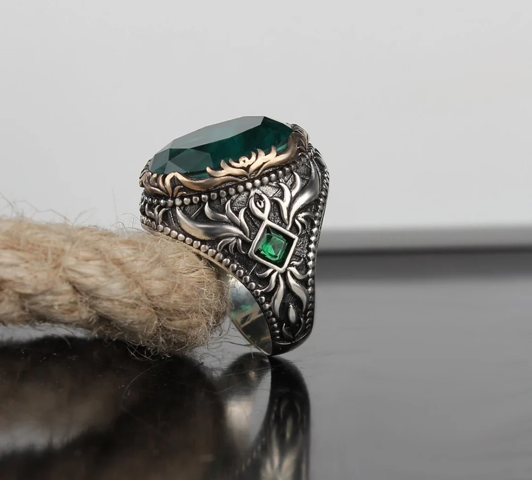 Unique Designed Turkish Style Ring with 8.5ct Natural Emerald | 925 Sterling Silver Oxidized Ring | With Certificate of Authenticity and 925 Hallmark - Image 3