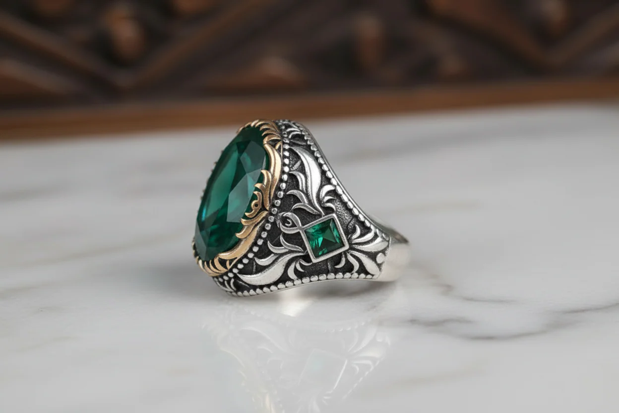 Unique Designed Turkish Style Ring with 8.5ct Natural Emerald | 925 Sterling Silver Oxidized Ring | With Certificate of Authenticity and 925 Hallmark - Image 4