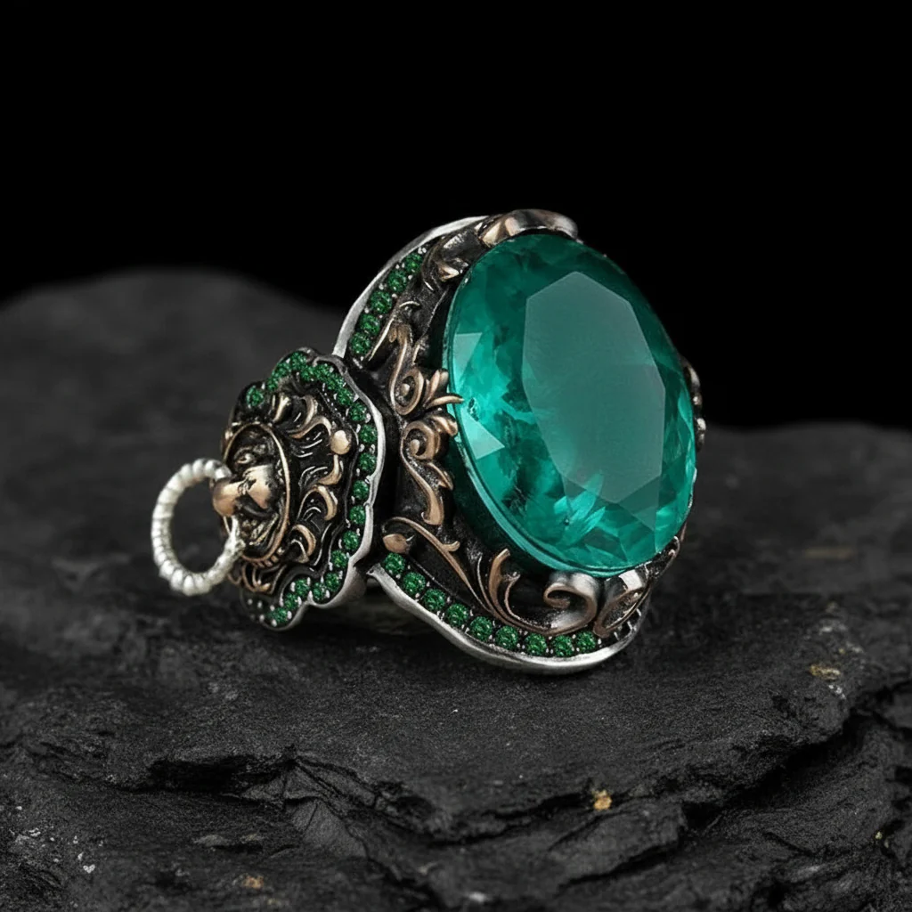 Unique Designed Turkish Style Ring with Emerald | 925 Sterling Silver Oxidized Ring | With Certificate of Authenticity and 925 Hallmark - Image 2