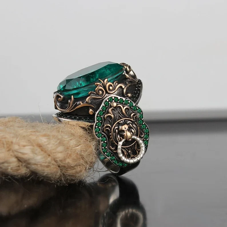 Unique Designed Turkish Style Ring with Emerald | 925 Sterling Silver Oxidized Ring | With Certificate of Authenticity and 925 Hallmark - Image 4