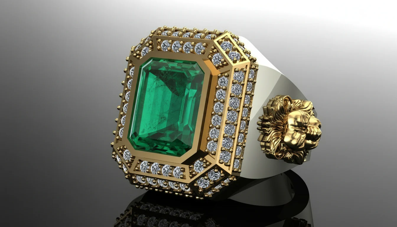RARE PRINCE by CARAT SUTRA | Unique Designed Turkish Style Ring with Emerald with lion Face | 925 Sterling Silver Oxidized Ring | Men's Jewelry | With Certificate of Authenticity and 925 Hallmark