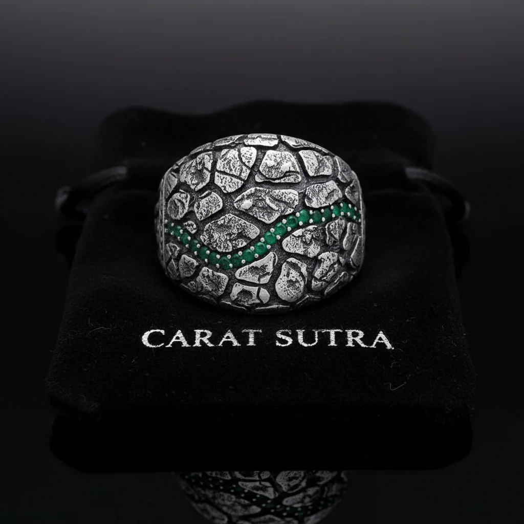 RARE PRINCE by CARAT SUTRA | Unique Designed Turkish Style Ring with Emerald Stone | 925 Sterling Silver Oxidized Ring | Men's Jewelry | With Certificate of Authenticity and 925 Hallmark - Image 2
