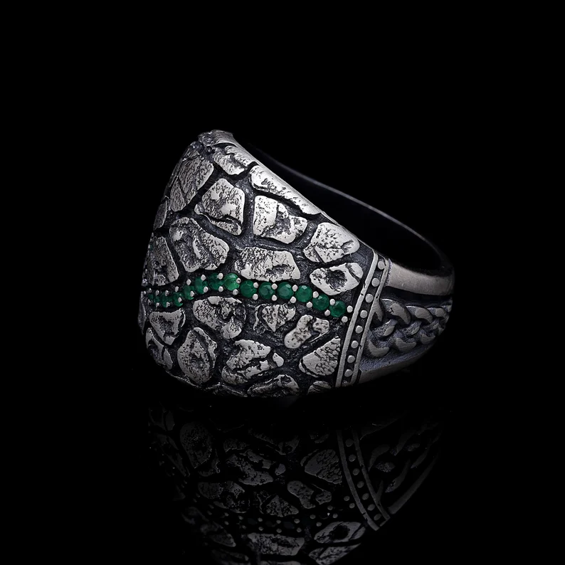 RARE PRINCE by CARAT SUTRA | Unique Designed Turkish Style Ring with Emerald Stone | 925 Sterling Silver Oxidized Ring | Men's Jewelry | With Certificate of Authenticity and 925 Hallmark - Image 3