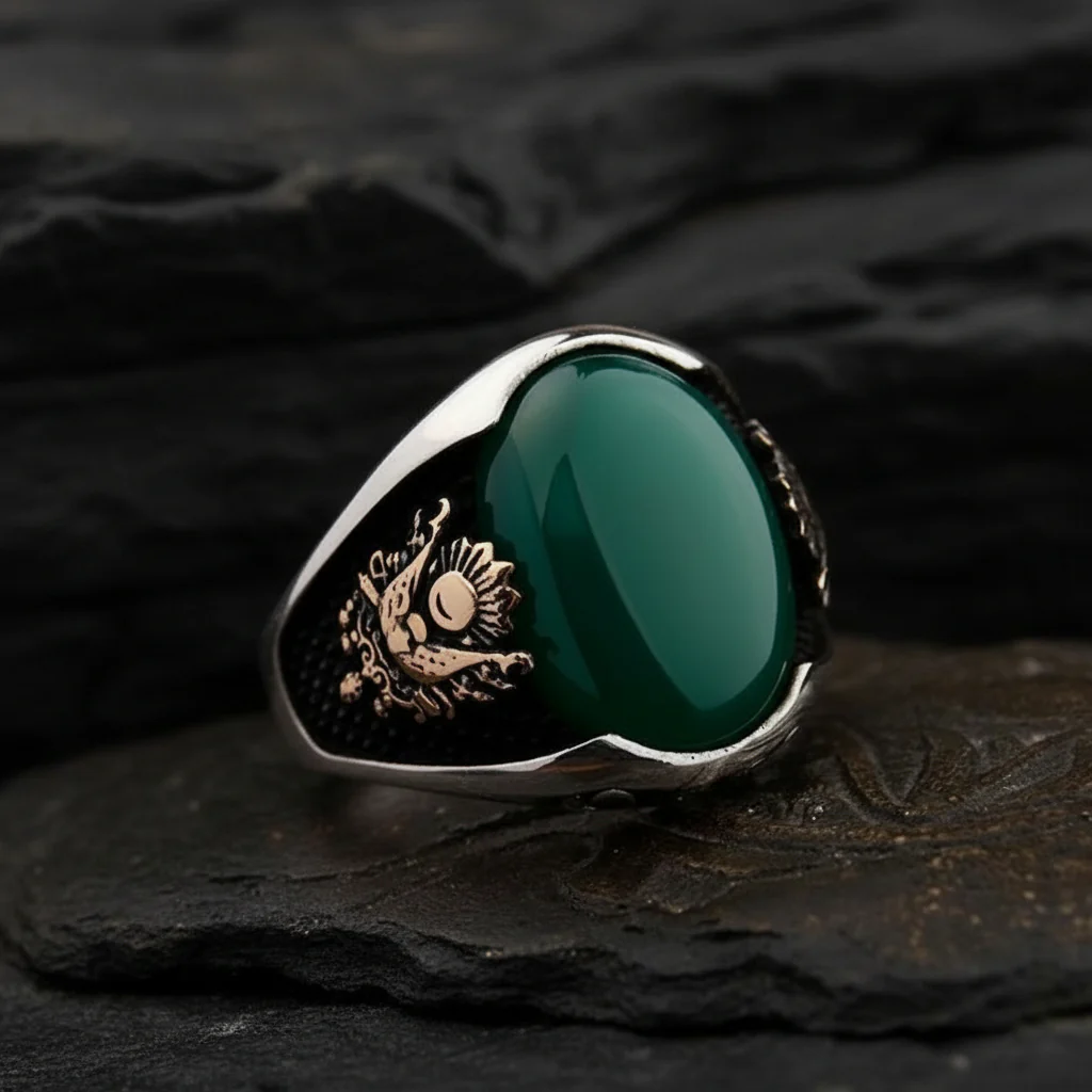 RARE PRINCE by CARAT SUTRA | Unique Designed Turkish Style Ring with Green Onyx  | 925 Sterling Silver Gold Plated Ring | Men's Jewelry | With Certificate of Authenticity and 925 Hallmark