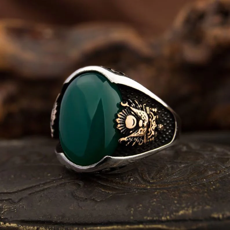 RARE PRINCE by CARAT SUTRA | Unique Designed Turkish Style Ring with Green Onyx  | 925 Sterling Silver Gold Plated Ring | Men's Jewelry | With Certificate of Authenticity and 925 Hallmark - Image 4