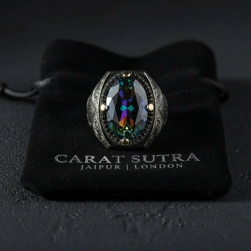 RARE PRINCE by CARAT SUTRA | Custom Name Initials Turkish Style Ring with Multicolored Alexandrite | 925 Sterling Silver Oxidized Ring | Men's Jewelry | With Certificate of Authenticity and 925 Hallmark - Image 2