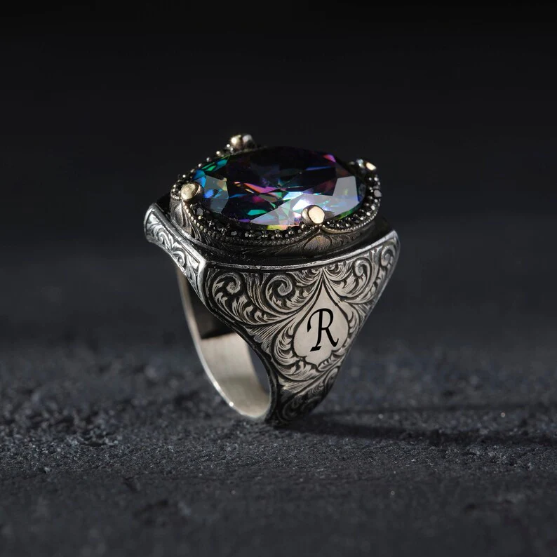 RARE PRINCE by CARAT SUTRA | Custom Name Initials Turkish Style Ring with Multicolored Alexandrite | 925 Sterling Silver Oxidized Ring | Men's Jewelry | With Certificate of Authenticity and 925 Hallmark - Image 3