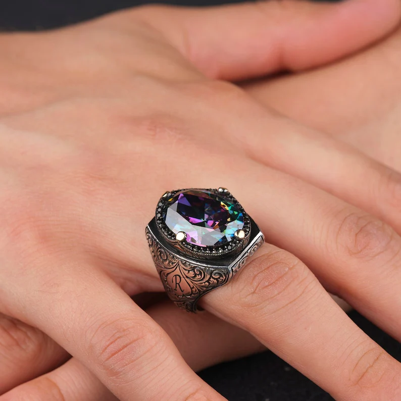 RARE PRINCE by CARAT SUTRA | Custom Name Initials Turkish Style Ring with Multicolored Alexandrite | 925 Sterling Silver Oxidized Ring | Men's Jewelry | With Certificate of Authenticity and 925 Hallmark - Image 4