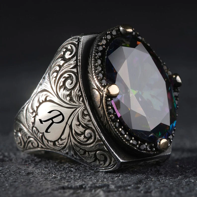 RARE PRINCE by CARAT SUTRA | Custom Name Initials Turkish Style Ring with Multicolored Alexandrite | 925 Sterling Silver Oxidized Ring | Men's Jewelry | With Certificate of Authenticity and 925 Hallmark - Image 5