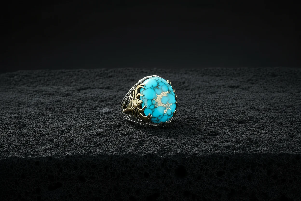 RARE PRINCE by CARAT SUTRA | Unique Designed Turkish Style Ring with Natural Irani Turquoise (Firoza) | 925 Sterling Silver Oxidized Ring | Men's Jewelry | With Certificate of Authenticity and 925 Hallmark
