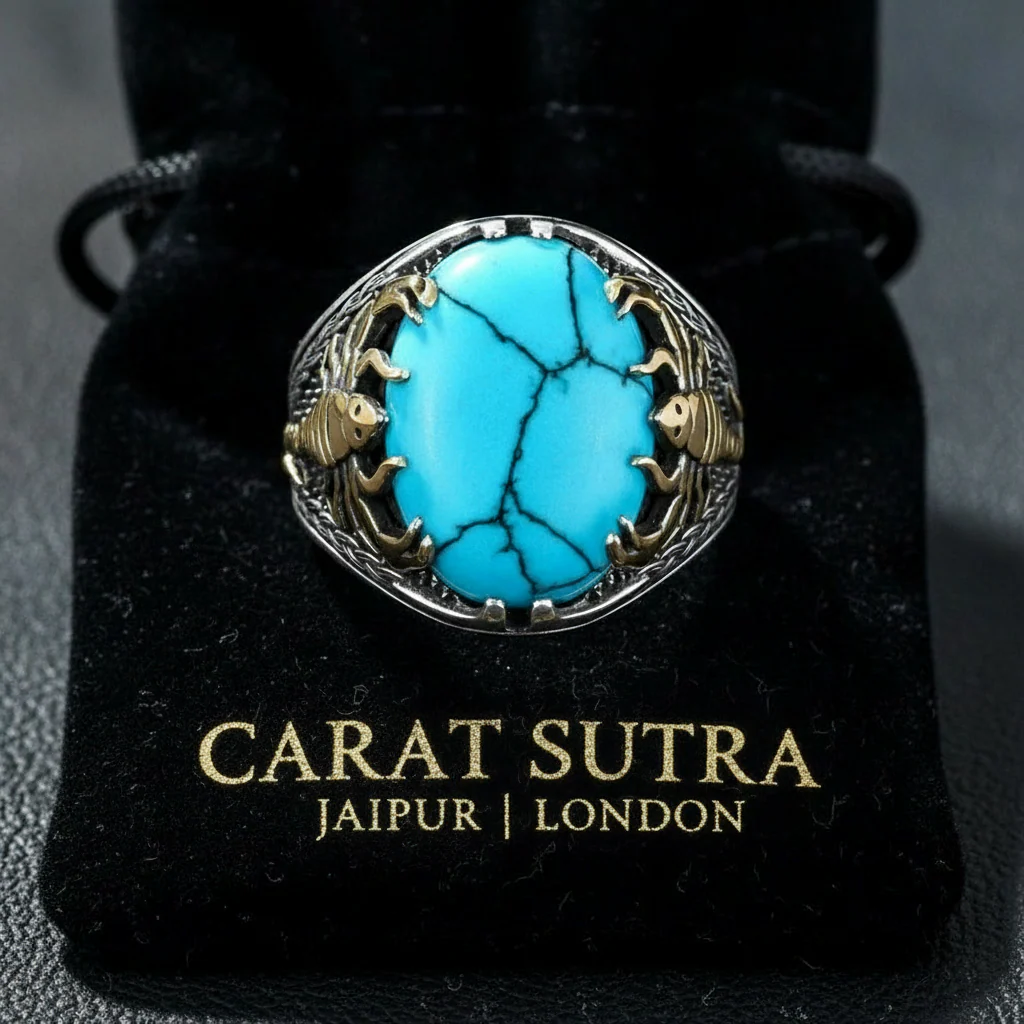 RARE PRINCE by CARAT SUTRA | Unique Designed Turkish Style Ring with Natural Irani Turquoise (Firoza) | 925 Sterling Silver Oxidized Ring | Men's Jewelry | With Certificate of Authenticity and 925 Hallmark - Image 3