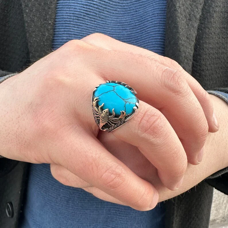RARE PRINCE by CARAT SUTRA | Unique Designed Turkish Style Ring with Natural Irani Turquoise (Firoza) | 925 Sterling Silver Oxidized Ring | Men's Jewelry | With Certificate of Authenticity and 925 Hallmark - Image 4