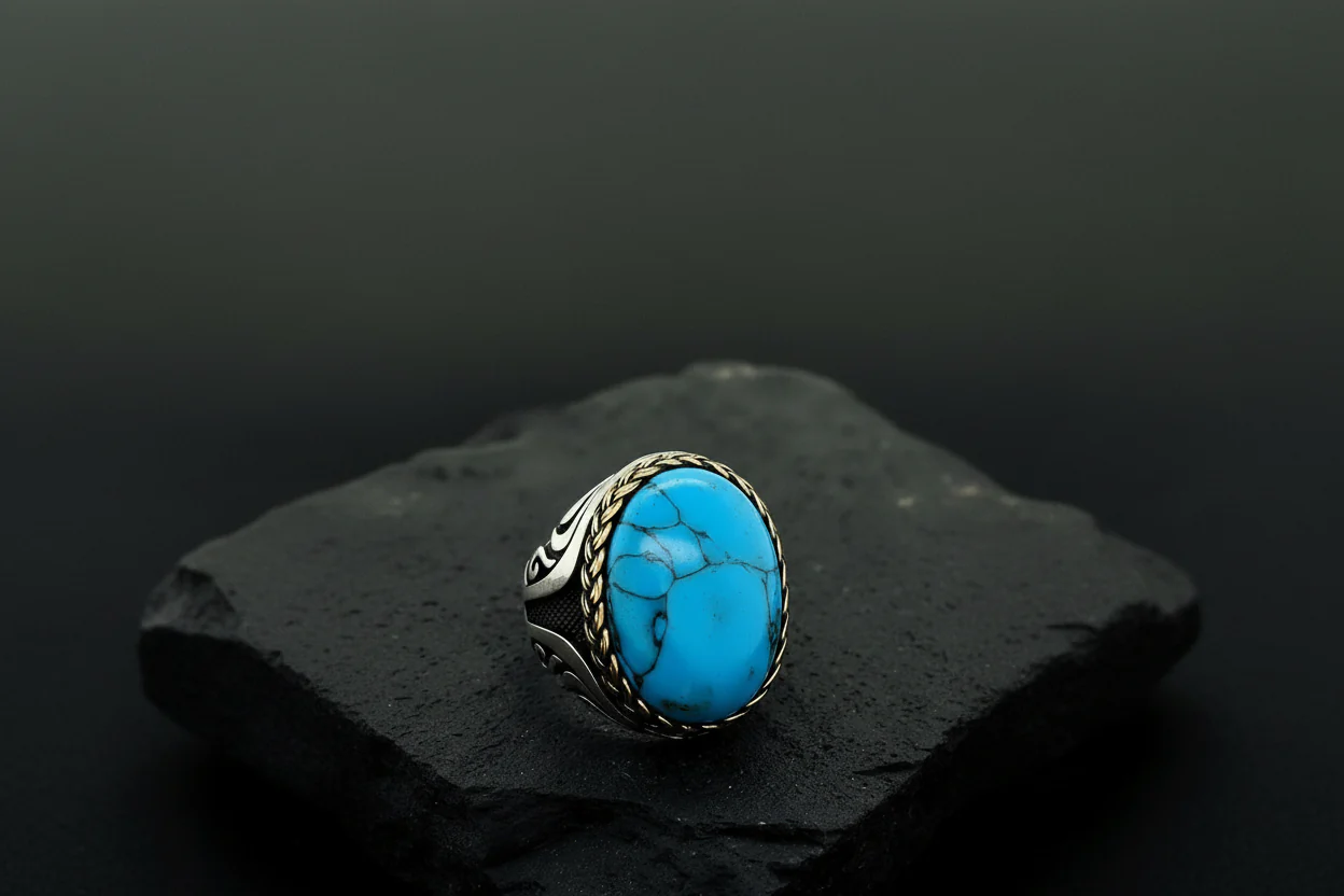 RARE PRINCE by CARAT SUTRA | Unique Designed Turkish Style Ring with Natural Irani Turquoise (Firoza) | 925 Sterling Silver Oxidized Ring | Men's Jewelry | With Certificate of Authenticity and 925 Hallmark