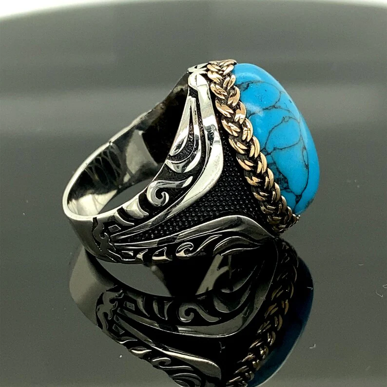 RARE PRINCE by CARAT SUTRA | Unique Designed Turkish Style Ring with Natural Irani Turquoise (Firoza) | 925 Sterling Silver Oxidized Ring | Men's Jewelry | With Certificate of Authenticity and 925 Hallmark - Image 2