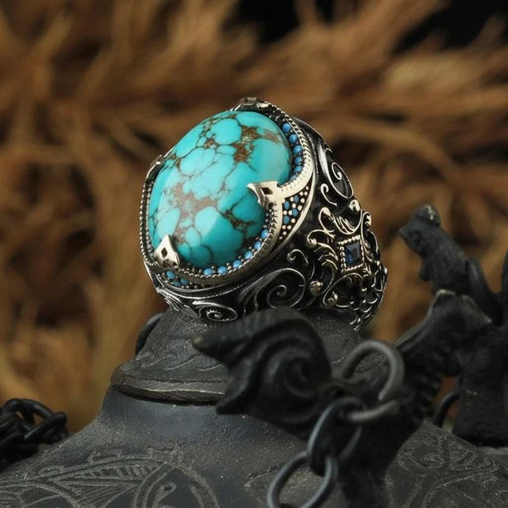 RARE PRINCE by CARAT SUTRA | Unique Designed Turkish Style Ring with Natural Irani Turquoise (Firoza) | 925 Sterling Silver Oxidized Ring | Men's Jewelry | With Certificate of Authenticity and 925 Hallmark