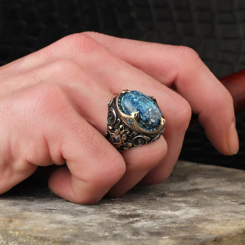 RARE PRINCE by CARAT SUTRA | Unique Designed Turkish Style Ring with Natural Irani Turquoise (Firoza) | 925 Sterling Silver Oxidized Ring | Men's Jewelry | With Certificate of Authenticity and 925 Hallmark - Image 2