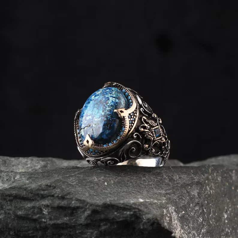 RARE PRINCE by CARAT SUTRA | Unique Designed Turkish Style Ring with Natural Irani Turquoise (Firoza) | 925 Sterling Silver Oxidized Ring | Men's Jewelry | With Certificate of Authenticity and 925 Hallmark - Image 3