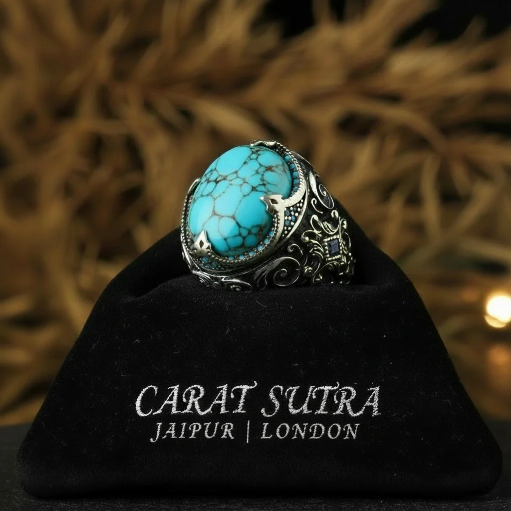 RARE PRINCE by CARAT SUTRA | Unique Designed Turkish Style Ring with Natural Irani Turquoise (Firoza) | 925 Sterling Silver Oxidized Ring | Men's Jewelry | With Certificate of Authenticity and 925 Hallmark - Image 4