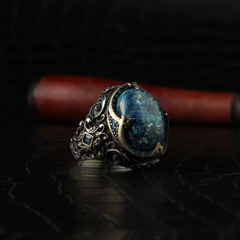 RARE PRINCE by CARAT SUTRA | Unique Designed Turkish Style Ring with Natural Irani Turquoise (Firoza) | 925 Sterling Silver Oxidized Ring | Men's Jewelry | With Certificate of Authenticity and 925 Hallmark - Image 5