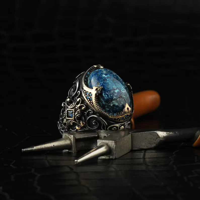 RARE PRINCE by CARAT SUTRA | Unique Designed Turkish Style Ring with Natural Irani Turquoise (Firoza) | 925 Sterling Silver Oxidized Ring | Men's Jewelry | With Certificate of Authenticity and 925 Hallmark - Image 6