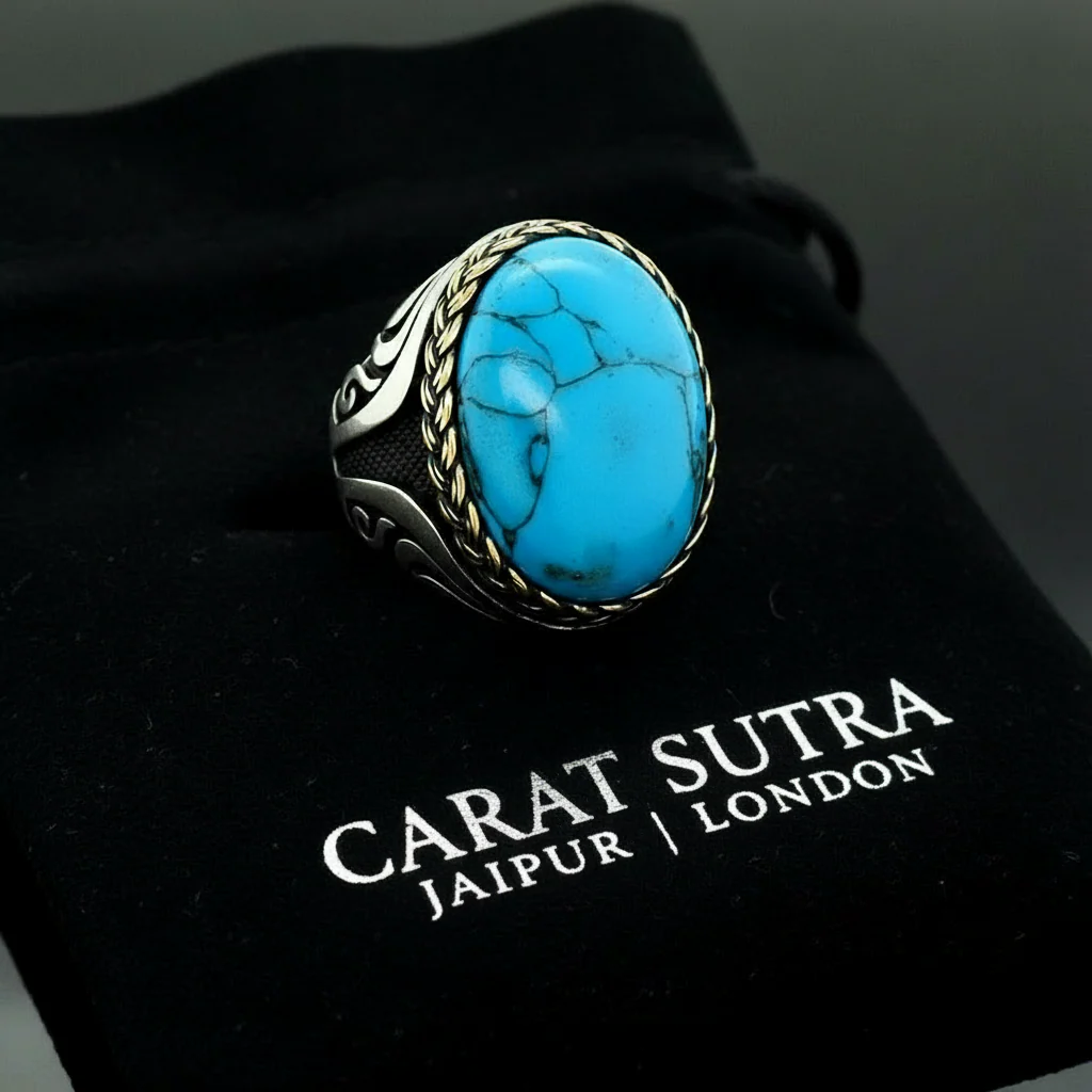 RARE PRINCE by CARAT SUTRA | Unique Designed Turkish Style Ring with Natural Irani Turquoise (Firoza) | 925 Sterling Silver Oxidized Ring | Men's Jewelry | With Certificate of Authenticity and 925 Hallmark - Image 3