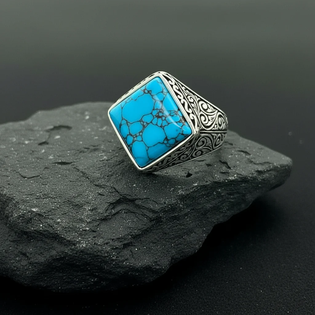 RARE PRINCE by CARAT SUTRA | Unique Designed Turkish Style Ring with Natural Irani Turquoise (Firoza) | 925 Sterling Silver Oxidized Ring | Men's Jewelry | With Certificate of Authenticity and 925 Hallmark
