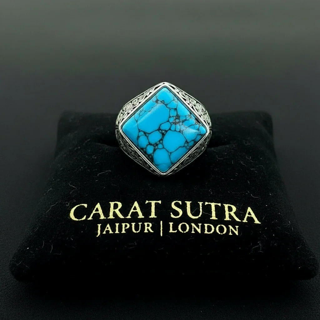 RARE PRINCE by CARAT SUTRA | Unique Designed Turkish Style Ring with Natural Irani Turquoise (Firoza) | 925 Sterling Silver Oxidized Ring | Men's Jewelry | With Certificate of Authenticity and 925 Hallmark - Image 2