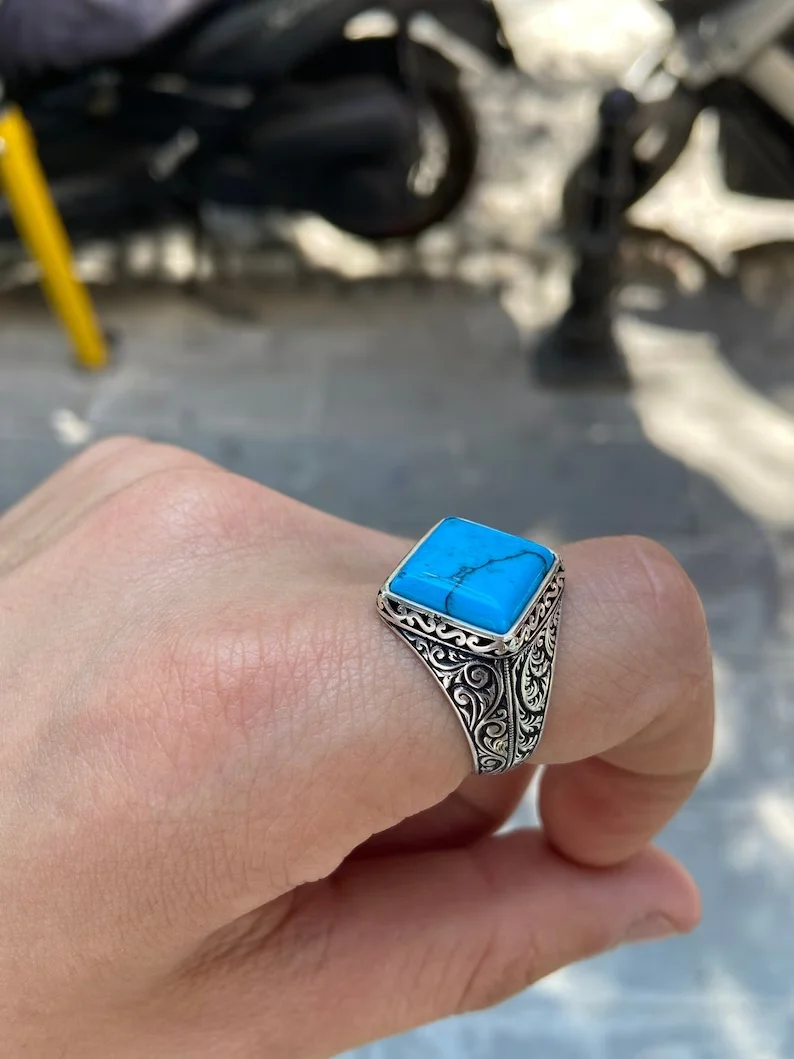 RARE PRINCE by CARAT SUTRA | Unique Designed Turkish Style Ring with Natural Irani Turquoise (Firoza) | 925 Sterling Silver Oxidized Ring | Men's Jewelry | With Certificate of Authenticity and 925 Hallmark - Image 3