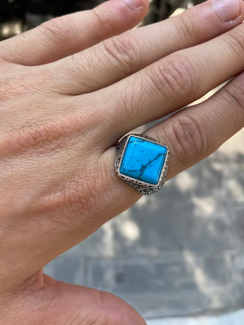RARE PRINCE by CARAT SUTRA | Unique Designed Turkish Style Ring with Natural Irani Turquoise (Firoza) | 925 Sterling Silver Oxidized Ring | Men's Jewelry | With Certificate of Authenticity and 925 Hallmark - Image 4