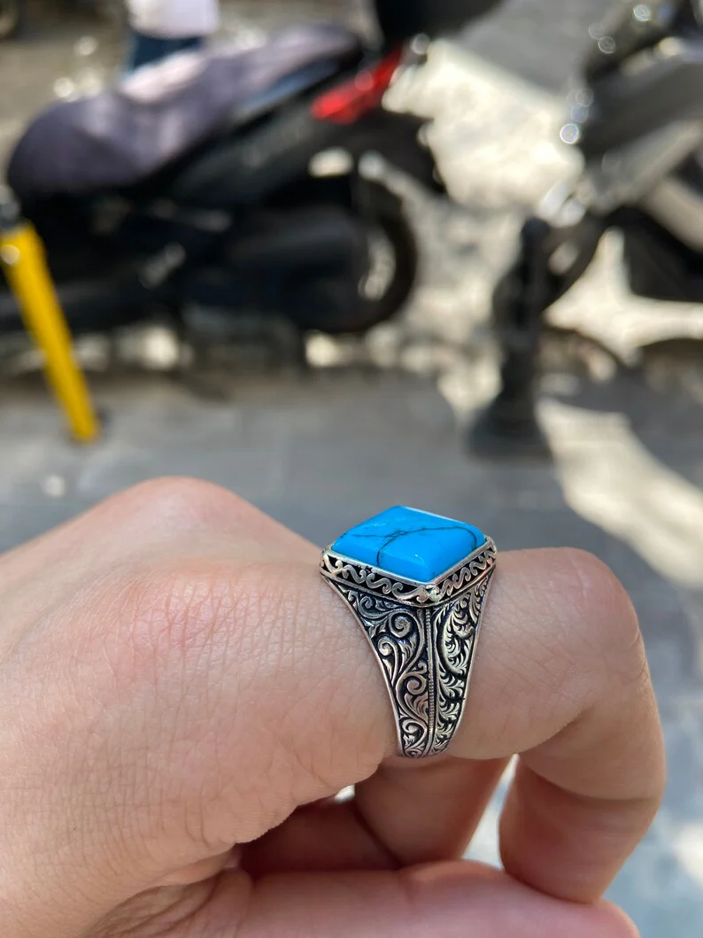 RARE PRINCE by CARAT SUTRA | Unique Designed Turkish Style Ring with Natural Irani Turquoise (Firoza) | 925 Sterling Silver Oxidized Ring | Men's Jewelry | With Certificate of Authenticity and 925 Hallmark - Image 5