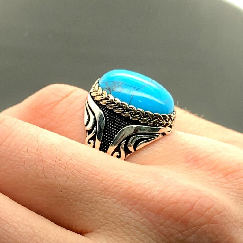 RARE PRINCE by CARAT SUTRA | Unique Designed Turkish Style Ring with Natural Irani Turquoise (Firoza) | 925 Sterling Silver Oxidized Ring | Men's Jewelry | With Certificate of Authenticity and 925 Hallmark - Image 4